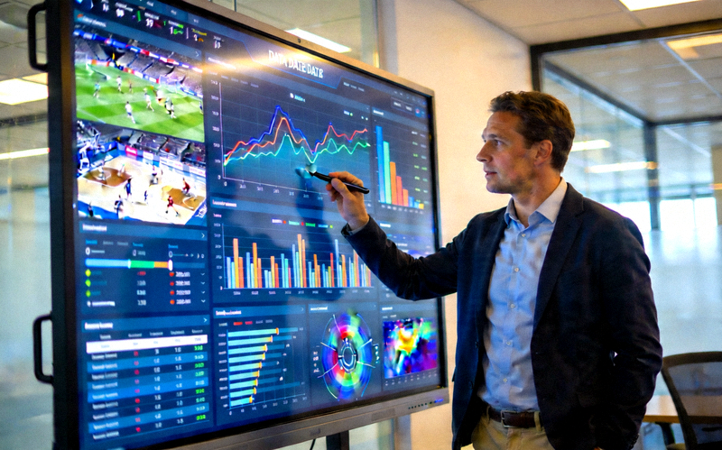 体育数据分析师正在大屏幕前分析复杂的比赛数据图表